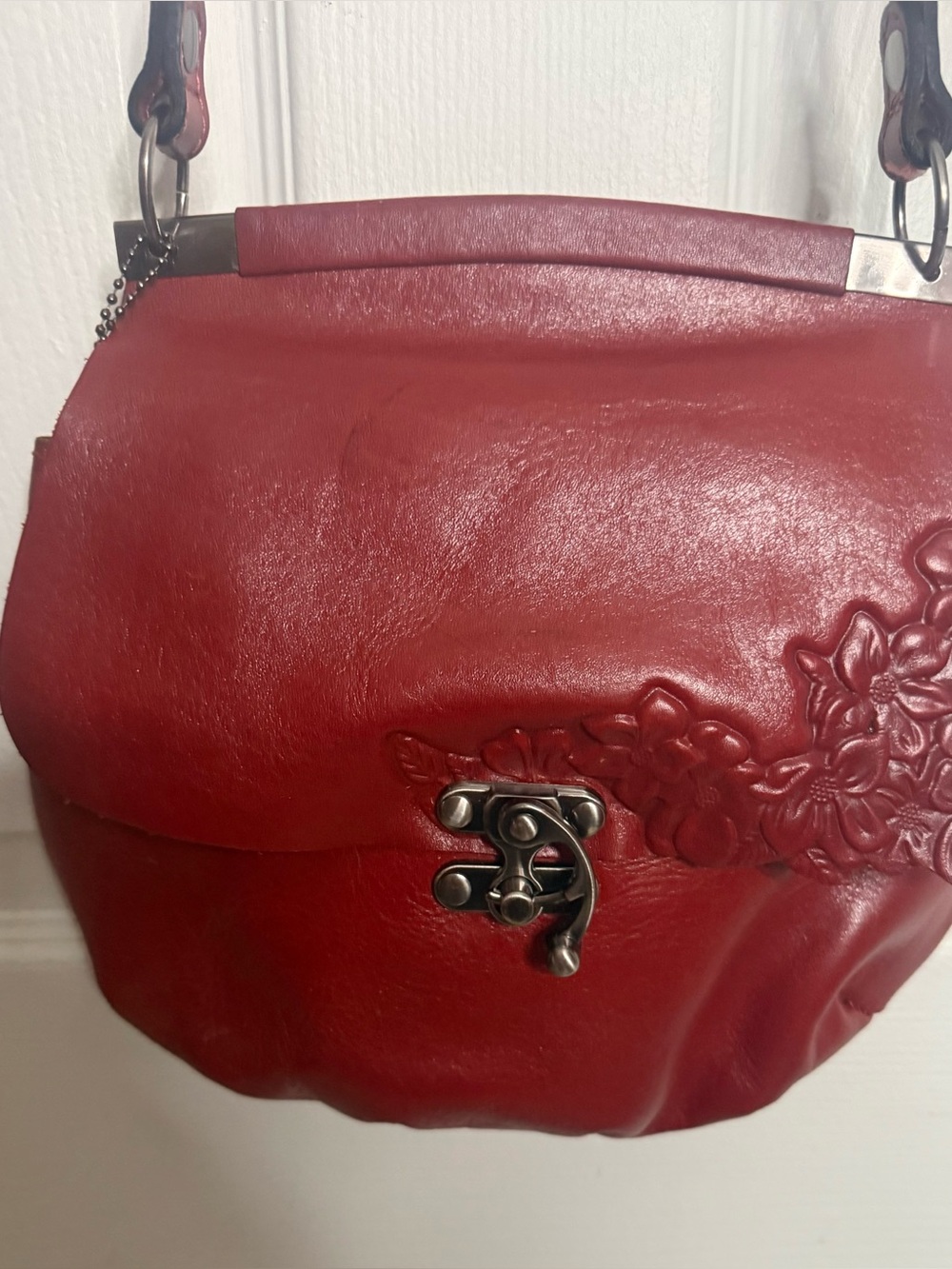 Patricia Nash Hand Cut Tooled Veneto Floral Crossbody  RED
